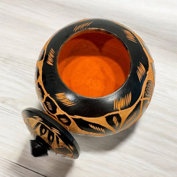 Carved Dark Wood Round Jar Container Box with Lid Boho Eclectic Decor - Picture 4 of 5
